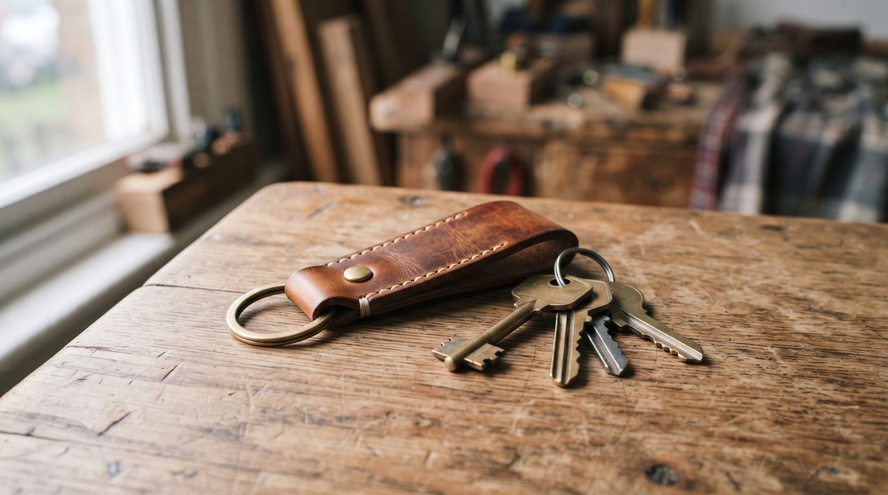 完成した革のキーホルダーをシンプルな金属の鍵数本と一緒に木製テーブルに置いた物撮り