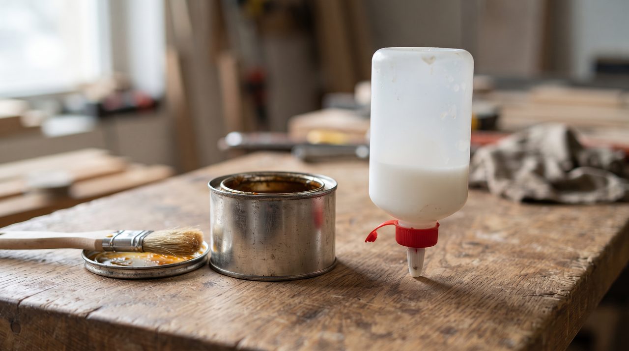 丸い缶に入ったゴムのりと、ノズル付きボトルに入った水性ボンドを並べて置いた比較の様子