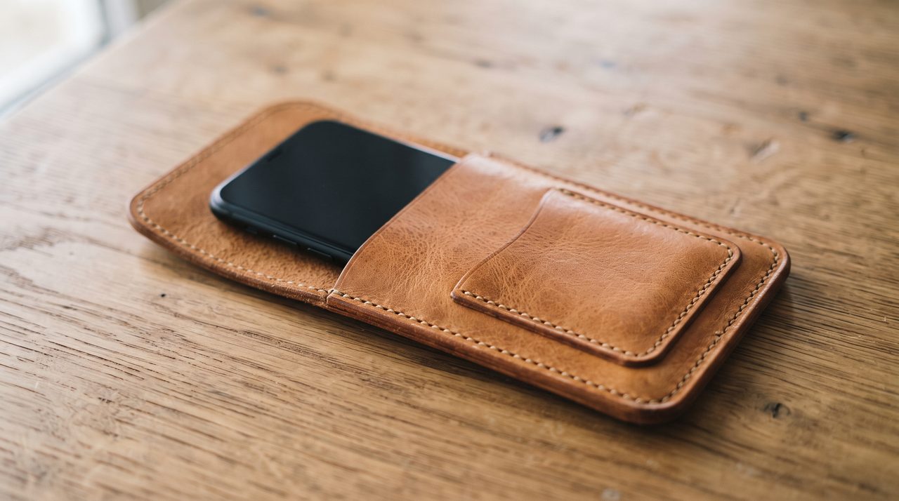 完成した革製スマホケースにスマートフォンを差し込んだ状態の写真、封筒型の縫い合わせと側面のカードポケットが見える