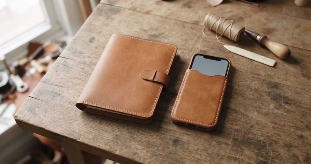 木製の作業テーブルの上に完成した革のブックカバーと革製スマホケースを並べて置き、蝋引き糸とヘラを添えた落ち着いた情景