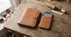 木製の作業テーブルの上に完成した革のブックカバーと革製スマホケースを並べて置き、蝋引き糸とヘラを添えた落ち着いた情景