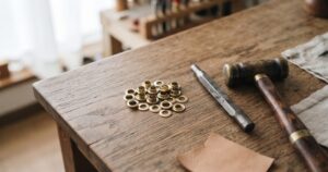 木製の作業テーブルに真鍮色のハトメと打ち具、小さな木槌を並べた落ち着いた情景